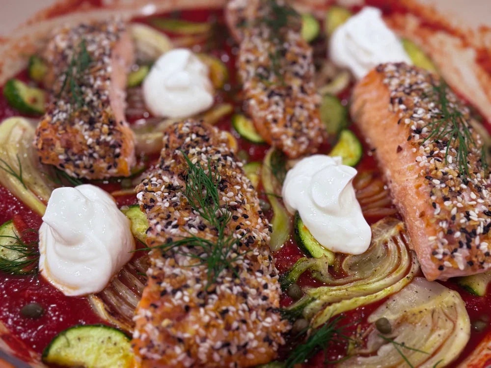 Harry's Famous Everything-Crusted Salmon with Caramelized Veggies Recipe
