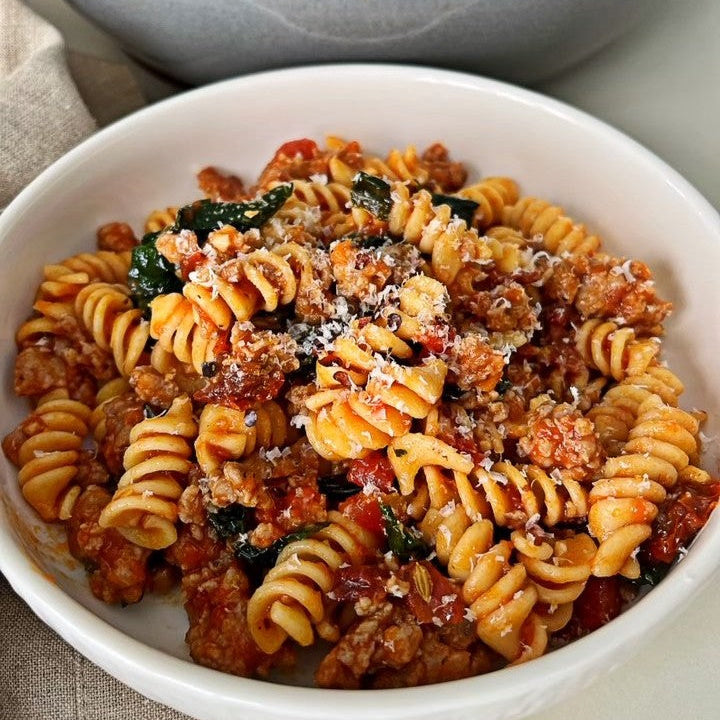 Quick Sausage Kale Pasta with Rustic Tomato Basil Sauce