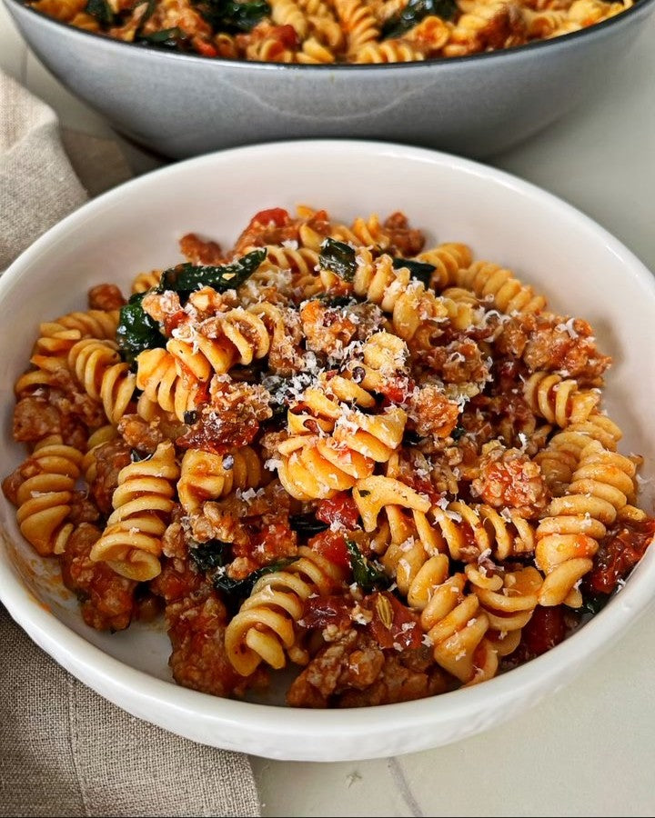 Quick Sausage Kale Pasta with Rustic Tomato Basil Sauce