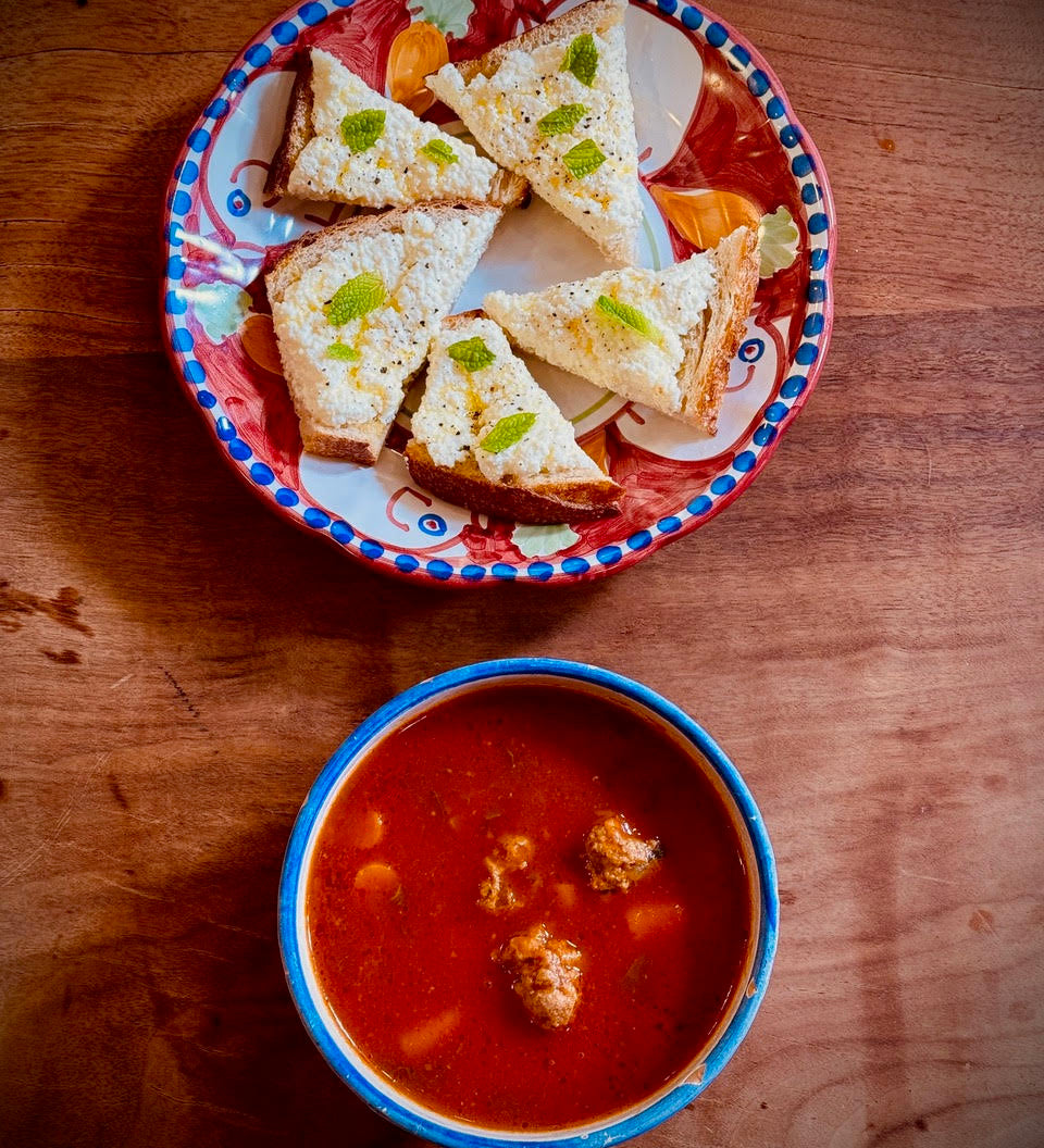 Harry's Famous Spicy Lamb Meatball Soup with Ricotta-Mint Toasts