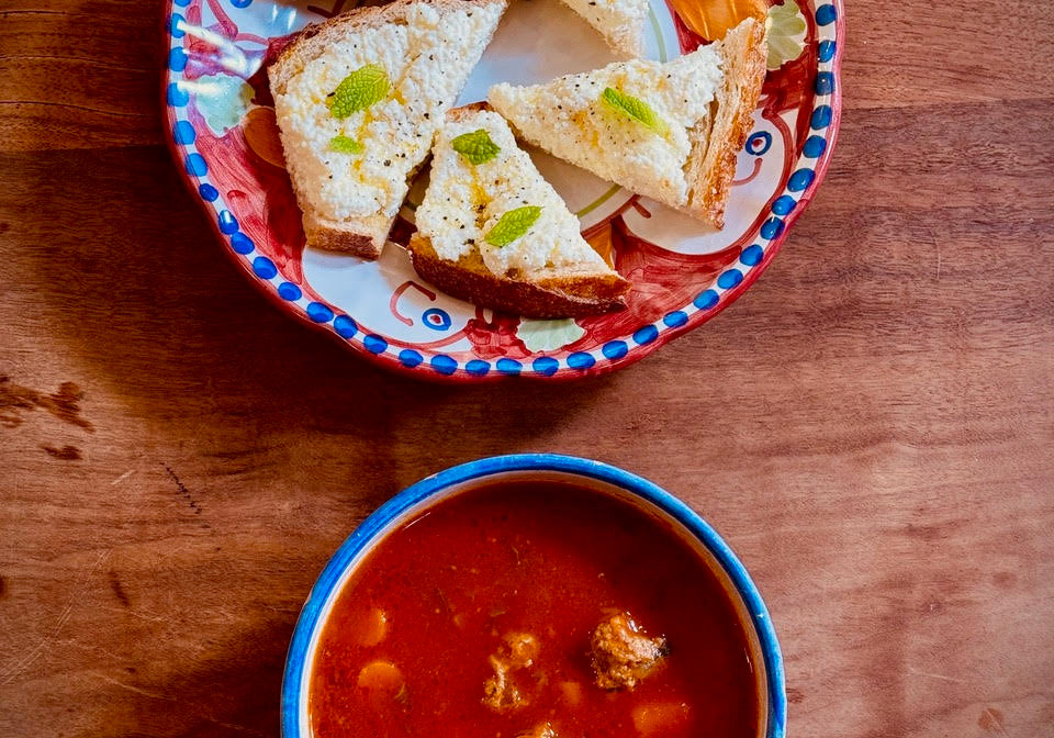 Harry's Famous Spicy Lamb Meatball Soup with Ricotta-Mint Toasts