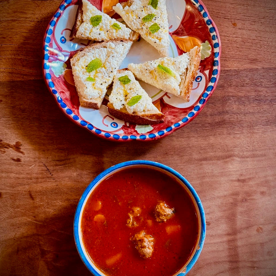 Harry's Famous Spicy Lamb Meatball Soup with Ricotta-Mint Toasts