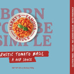 Harvey's Rustic Tomato Basil sauce label with nutritional information and ingredients listed.