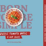 Harvey's Rustic Tomato Basil sauce label with nutritional information and ingredients listed.