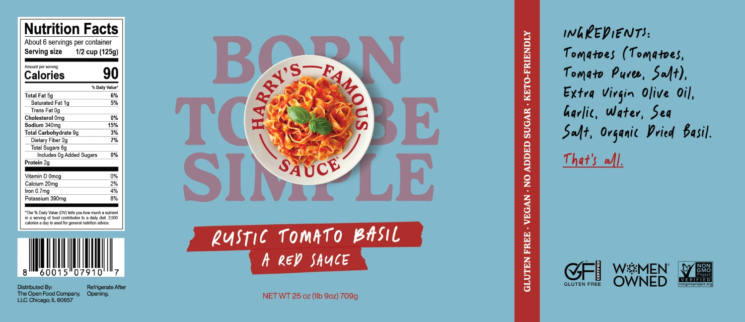 Harvey's Rustic Tomato Basil sauce label with nutritional information and ingredients listed.