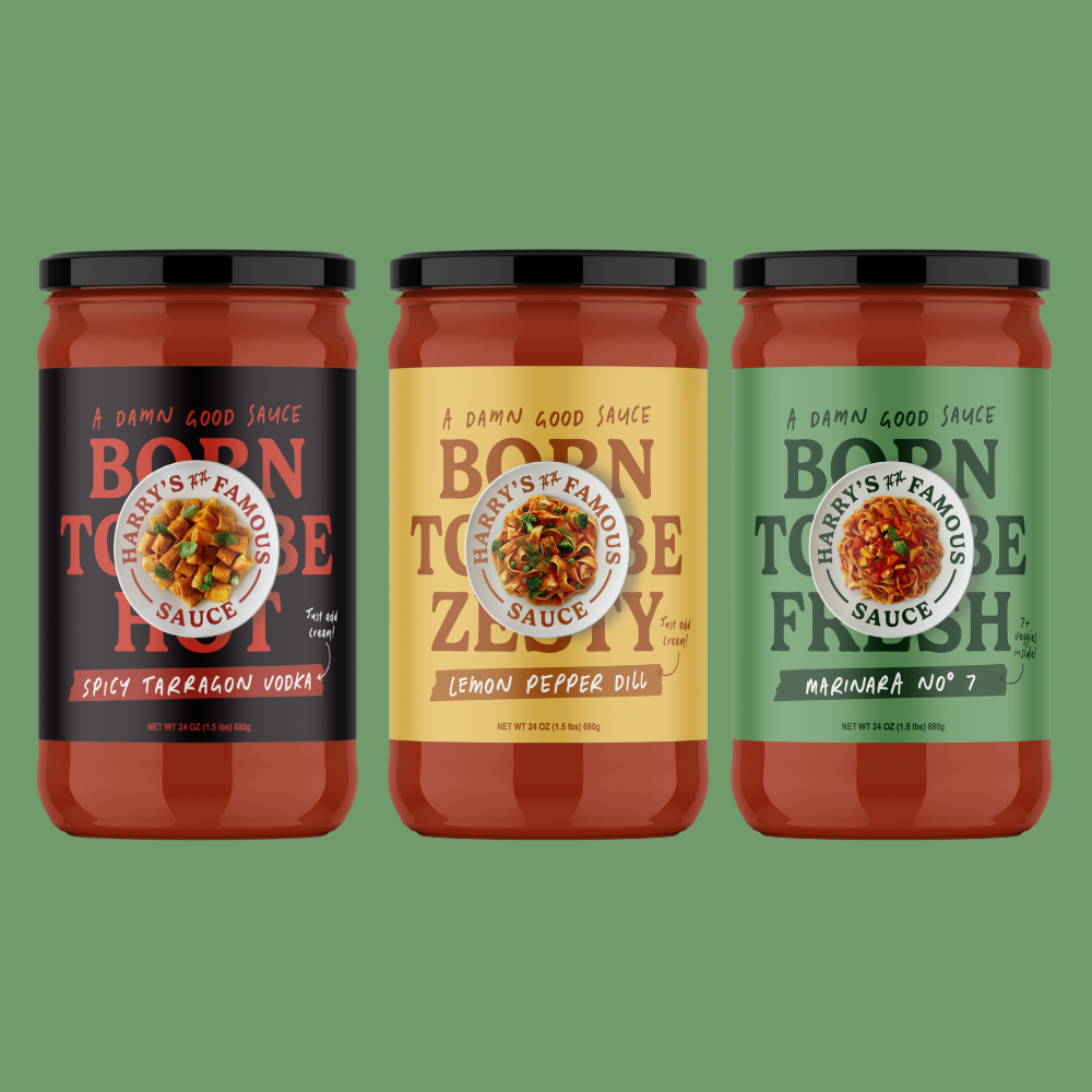 Three sauce jars of Harry's famous featuring Spicy tarragon vodka, lemon pepper dill and Marinara No 7