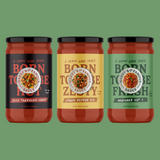 Three sauce jars of Harry's famous featuring Spicy tarragon vodka, lemon pepper dill and Marinara No 7